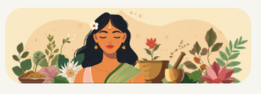 Ayurveda — Indian woman with herbs, lotus and mortar-pestle illustration